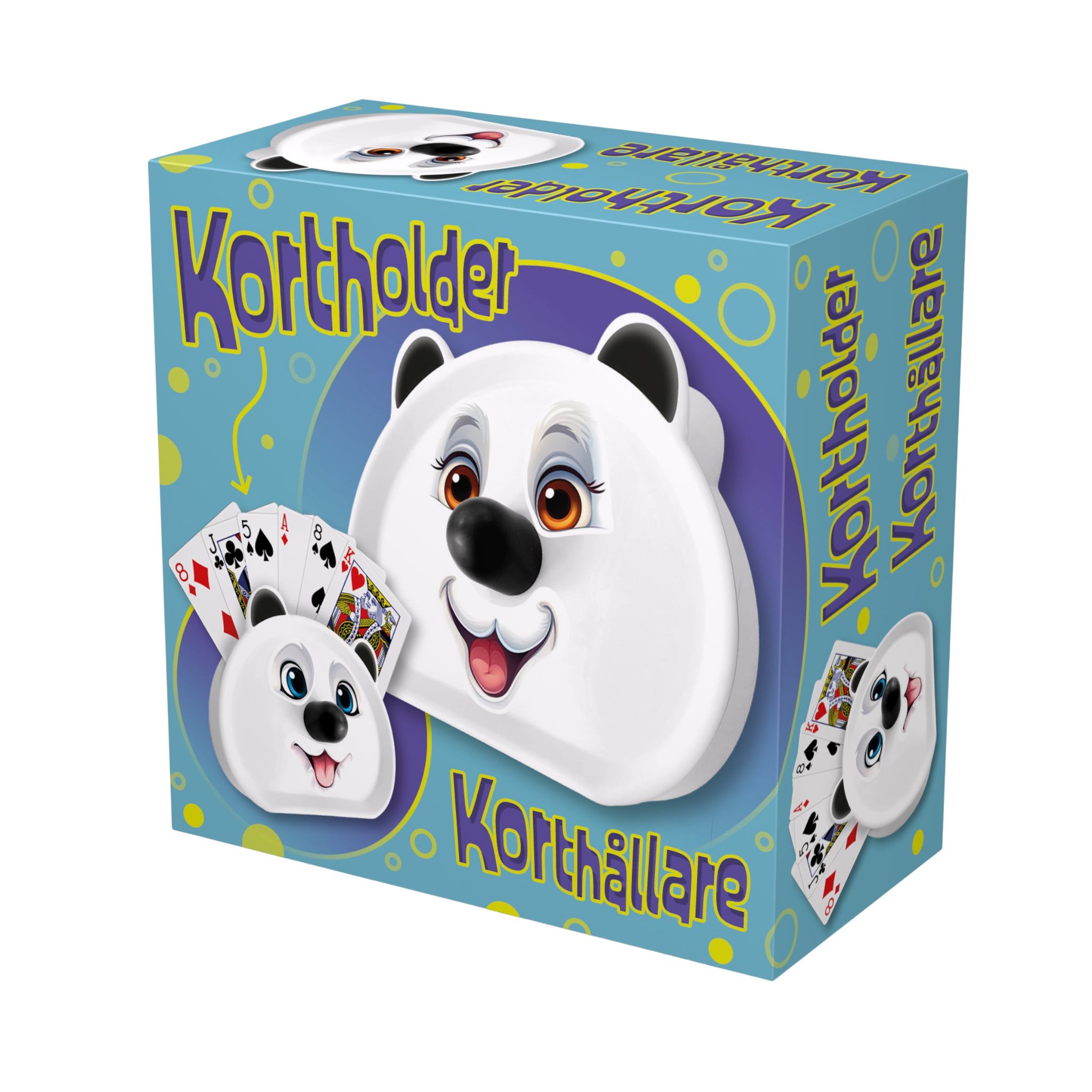 Produkteske viser praktisk kortholder  med isbjørn-motiv for barn som spiller kortspill eller brettspill med kort.